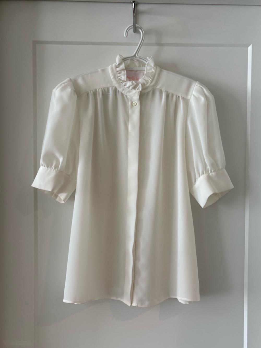 Selkie White Ruffle-Neck Puff-Sleeve Blouse